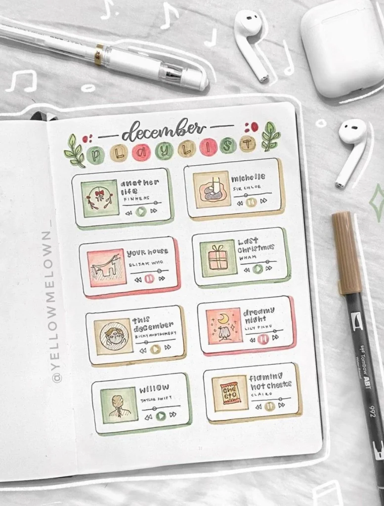Tema para Bullet Journal - Playlist de Natal- @yellowmelown_
